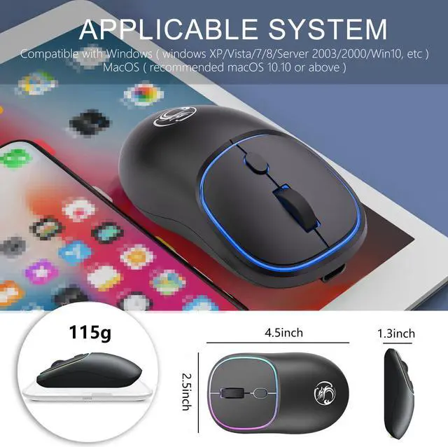 Alt view image 7 of 7 - Wireless Mouse for Laptop, 2.4G Rechargeable Slim RGB Computer Mouse, Portable Ergonomic Silent Optical Mouse, Gaming Mice for Windows XP / Vista / 7 / 8 / Server 2003 / 2000 / Win10, Mac OS