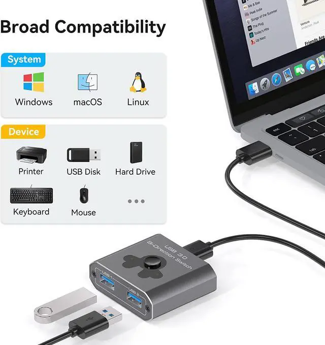 Alt view image 6 of 7 - 2 Port USB 3.0 Switch Bi-Directional KVM Switch USB Switcher 2 in 1 Out / 1 in 2 Out 5Gbps High-Speed USB Switch 2 Computers Share 1 USB Devices for PCs Mouse Keyboard Printer Scanner