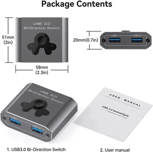 Alt view image 7 of 7 - 2 Port USB 3.0 Switch Bi-Directional KVM Switch USB Switcher 2 in 1 Out / 1 in 2 Out 5Gbps High-Speed USB Switch 2 Computers Share 1 USB Devices for PCs Mouse Keyboard Printer Scanner