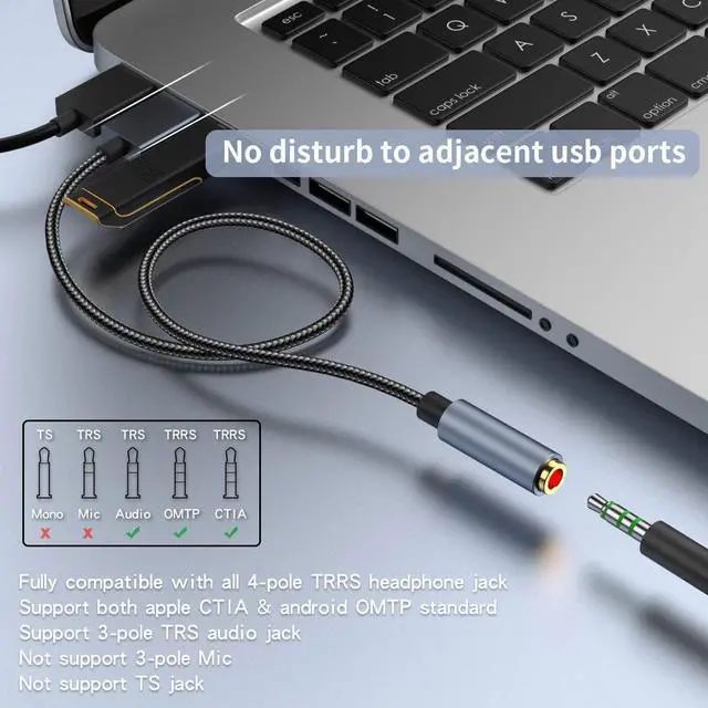 Alt view image 4 of 7 - USB to 3.5mm Jack Audio Adapter, 2 in1 External USB Sound Card, 3.5mm Aux to USB to Audio Jack Sound Adapter Support CTIA OMTP Headphone TRRS Jack for PC Windows 10 PS4 Laptop Mac, 24Bit 96Khz