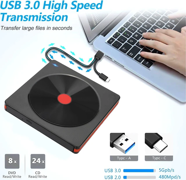 Alt view image 4 of 7 - External CD Drive for Laptop, USB 3.0 Type C CD/DVD +/-RW Slim Optical Drive, DVD/CD ROM Reader writer Burner Dvd player, Portable External CD/DVD Drive for Laptop Desktop PC Windows Linux Mac OS