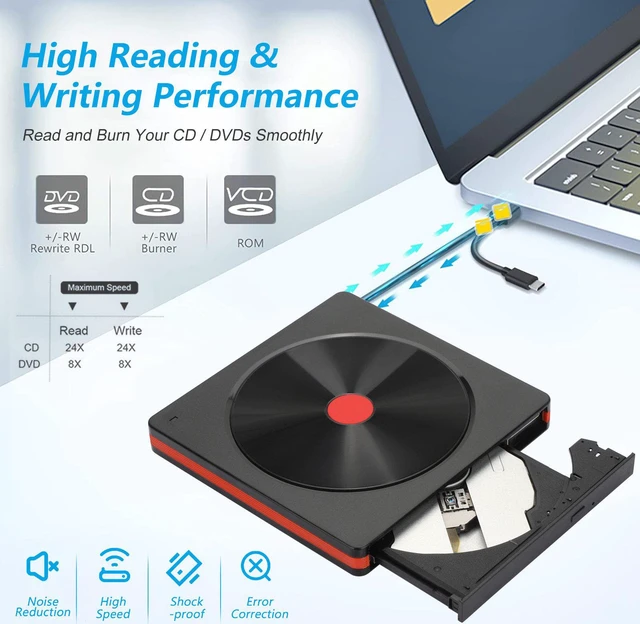 Alt view image 3 of 7 - External CD Drive for Laptop, USB 3.0 Type C CD/DVD +/-RW Slim Optical Drive, DVD/CD ROM Reader writer Burner Dvd player, Portable External CD/DVD Drive for Laptop Desktop PC Windows Linux Mac OS