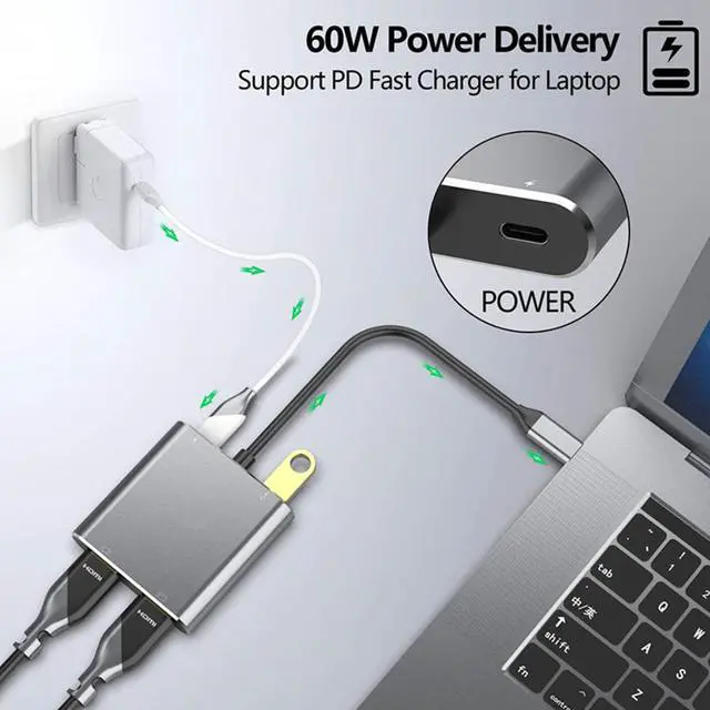 Alt view image 2 of 7 - [4 in 1] USB C Hub with Dual HDMI Port, Type-C Docking Station USB C to Dual HDMI 4K USB 3.0 PD Fast Charging Dual Screen Extend Display USB C Hub Converter for Macbook Laptop Mobile Phone PC