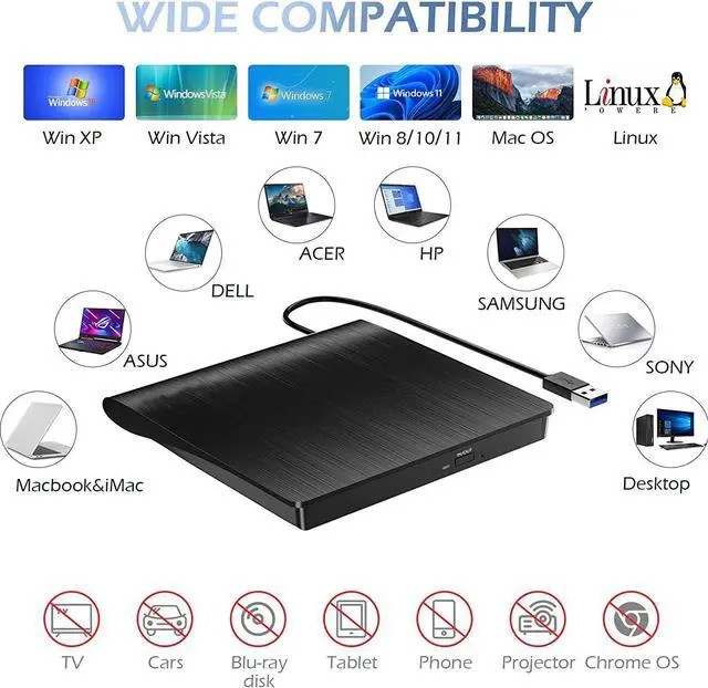 Alt view image 4 of 7 - External CD DVD Drive, USB 3.0 Portable CD/DVD +/-RW Optical Drive/DVD Player for Laptop, DVD/CD ROM Rewriter Writer External CD/DVD Burner Compatible with Laptop Desktop PC Windows Linux Mac OS