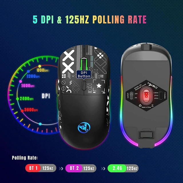 Alt view image 3 of 7 - Bluetooth Mouse Multi-Device, Rechargeable Wireless Gaming Mice, 3 Modes (BT5.0, BT3.0 and 2.4GHz) Wireless Gaming Mouse, with 800-1600-2400-3600 DPI Adjustable, RGB Rainbow Backlit for PC Laptop