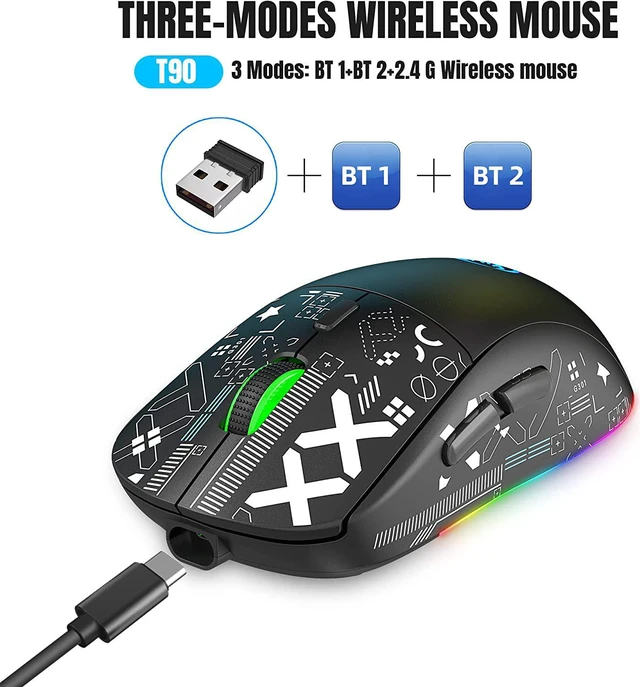 Alt view image 2 of 7 - Bluetooth Mouse Multi-Device, Rechargeable Wireless Gaming Mice, 3 Modes (BT5.0, BT3.0 and 2.4GHz) Wireless Gaming Mouse, with 800-1600-2400-3600 DPI Adjustable, RGB Rainbow Backlit for PC Laptop