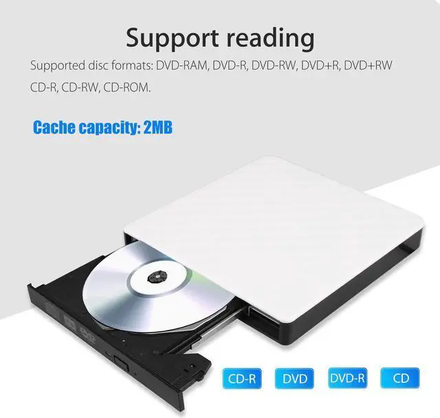 Alt view image 2 of 7 - External CD DVD Drive, Portable USB 3.0 External CD/DVD Drive Reader DVD CD RW Writer Burner Player Optical DVD Drive for Laptop, Desktop, Mac, IOS, Windows 10/8/7 / XP/ Linux/ Vista (White)