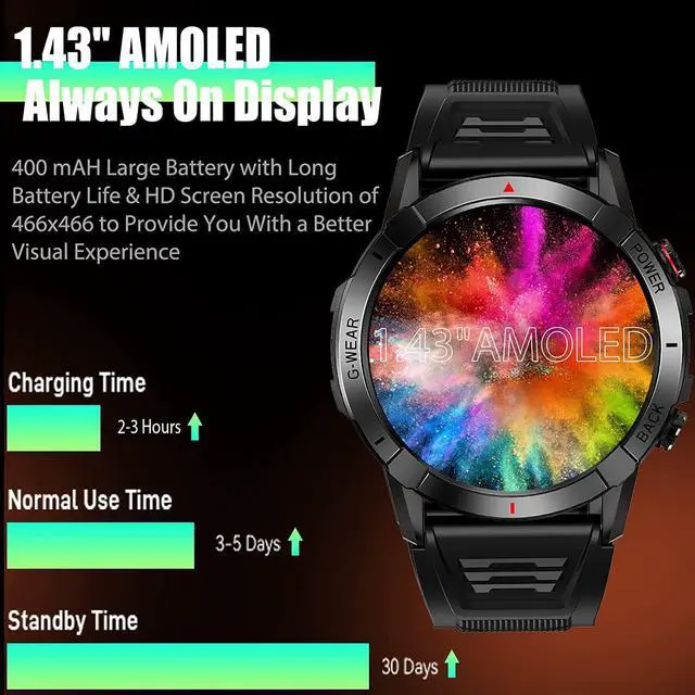 Alt view image 5 of 7 - Sport Smart Watches for Men with Bluetooth Call 1.43" AMOLED Always On Display Rugged Outdoor Tactical Smartwatch with Heart Rate Blood Pressure Sleep Monitor Sports Fitness Watch for Android iOS