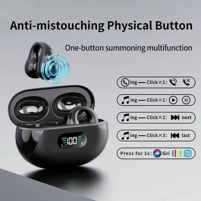 Alt view image 3 of 7 - Clip-On Wireless Earbuds Bone Conduction, Wireless Bluetooth V5.3 Open Ear Headphones, 80 Hours Playtime with Charging Case, IPX4 Waterproof Earphones Sport Cycling Running Work Earbud Hooks