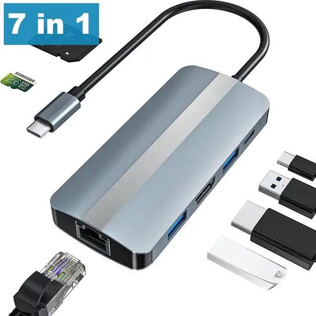 Main image of USB C Docking Station, 7 in 1 USB C Hub with 4K @30Hz HDMI Adapter, 100Mbps Ethernet LAN RJ45, 100W PD, 2 USB-A & SD TF Card readers, for MacBook Pro/Air M1, Surface Pro and other Type-C devices