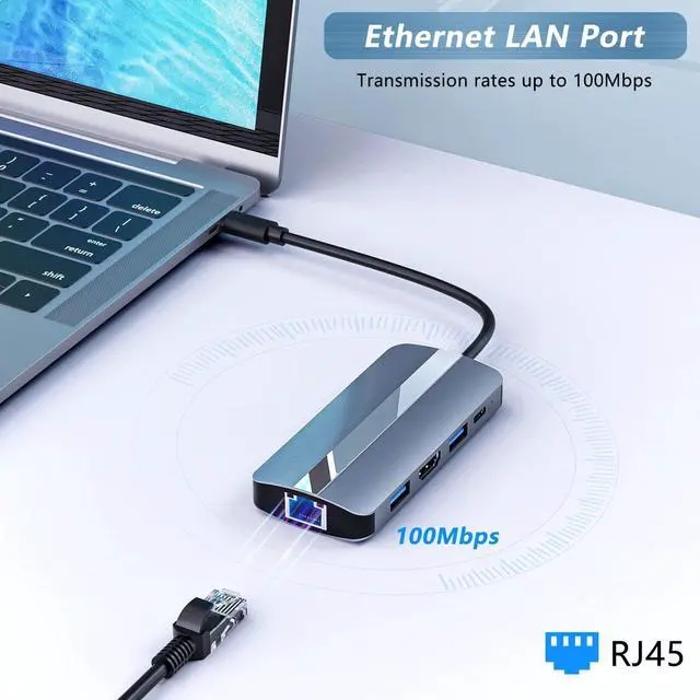 Alt view image 3 of 7 - USB C Docking Station, 7 in 1 USB C Hub with 4K @30Hz HDMI Adapter, 100Mbps Ethernet LAN RJ45, 100W PD, 2 USB-A & SD TF Card readers, for MacBook Pro/Air M1, Surface Pro and other Type-C devices