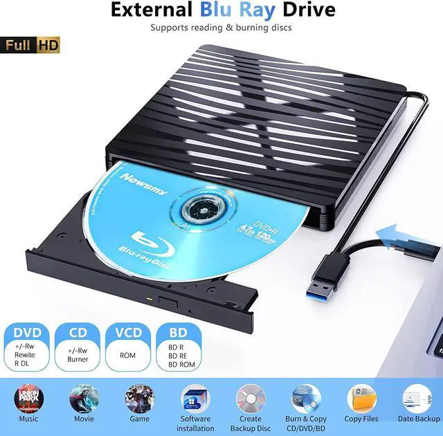 Alt view image 2 of 7 - External Blu Ray CD/DVD Drive, BD/CD/DVD USB 3.0 Type-C Blu-ray CD DVD Burner Player Read/Write Blu Ray Drive External Compatible with Laptop Desktop PC Suitable for Windows XP/7/8/10/11/MacOS HD