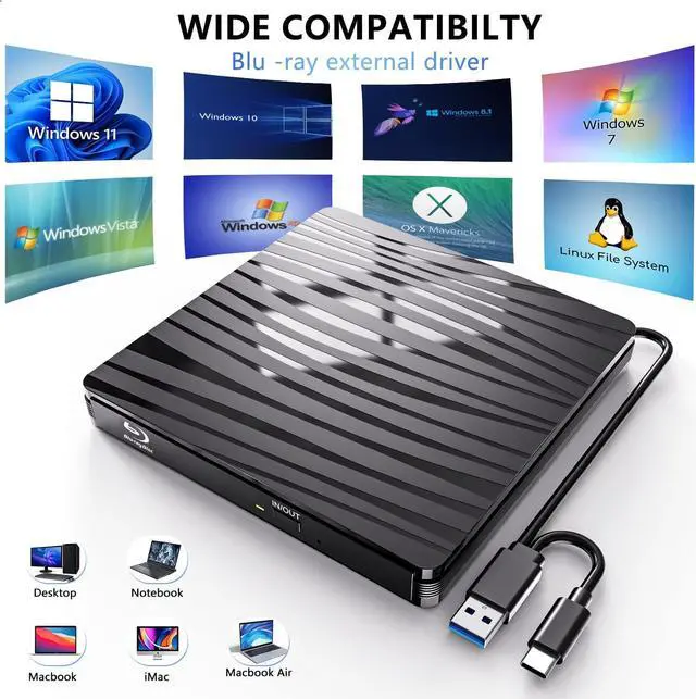 Alt view image 7 of 7 - External Blu Ray CD/DVD Drive, BD/CD/DVD USB 3.0 Type-C Blu-ray CD DVD Burner Player Read/Write Blu Ray Drive External Compatible with Laptop Desktop PC Suitable for Windows XP/7/8/10/11/MacOS HD