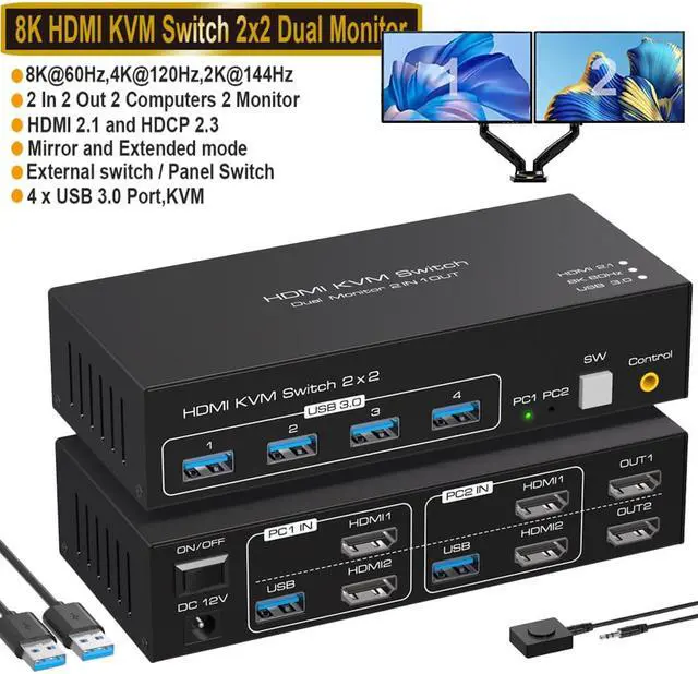 Main image of HDMI-compatible KVM Switch 2 in 2 Out 8K 60Hz, 2 Port HDMI KVM Switch for 2 Computers 2 Monitors 4K 120Hz USB 3.0 KVM Switch with 4 xUSB 3.0 Port, Support Copy and Extended Display and Desktop Control