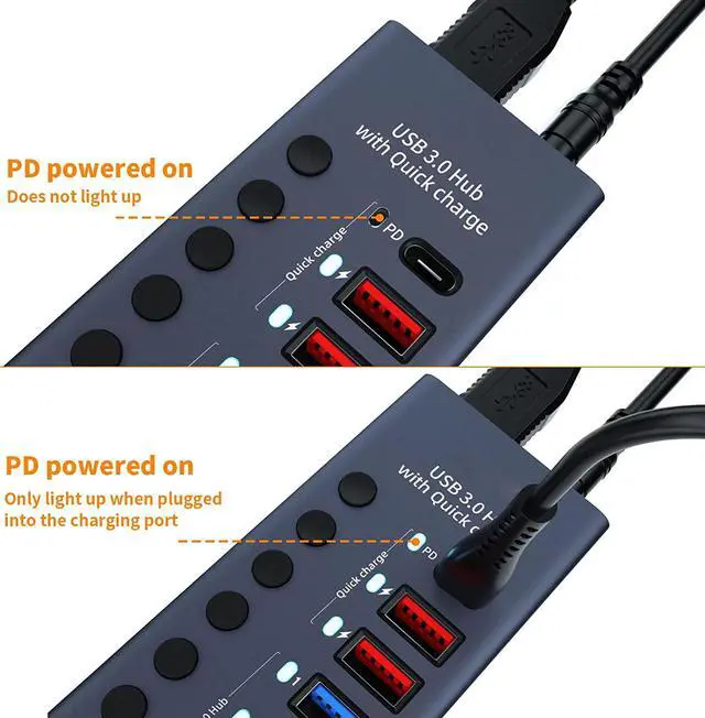 Alt view image 2 of 7 - Aluminum Powered USB 3.0 Hub, 10-Port USB Hub Splitter (7xUSB 3.0 Data Transmission Ports + 2x Smart Charging Ports + 1x PD Charging Port), with 60W (12V/5A) Power Adapter and Independent Switch