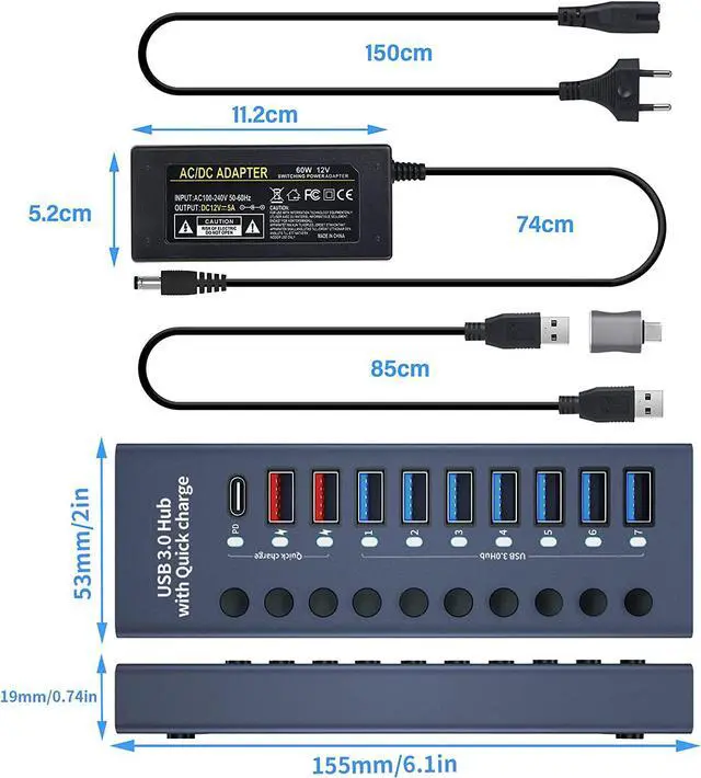 Alt view image 7 of 7 - Aluminum Powered USB 3.0 Hub, 10-Port USB Hub Splitter (7xUSB 3.0 Data Transmission Ports + 2x Smart Charging Ports + 1x PD Charging Port), with 60W (12V/5A) Power Adapter and Independent Switch