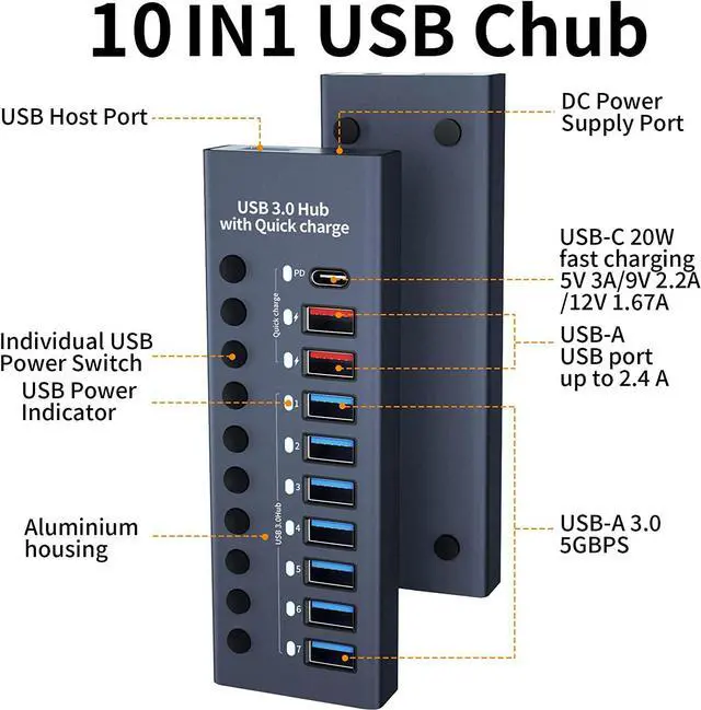 Alt view image 4 of 7 - Aluminum Powered USB 3.0 Hub, 10-Port USB Hub Splitter (7xUSB 3.0 Data Transmission Ports + 2x Smart Charging Ports + 1x PD Charging Port), with 60W (12V/5A) Power Adapter and Independent Switch