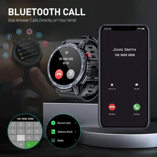 Alt view image 2 of 7 - Military Smart Watches for Men - 5ATM Waterproof Fitness Watch for Android iOS Phones,1.6" Large Screen Tactical Smartwatch, Bluetooth Call(Answer/Dial Calls/BT5.0), 24 Sports Modes (Camouflage Black)