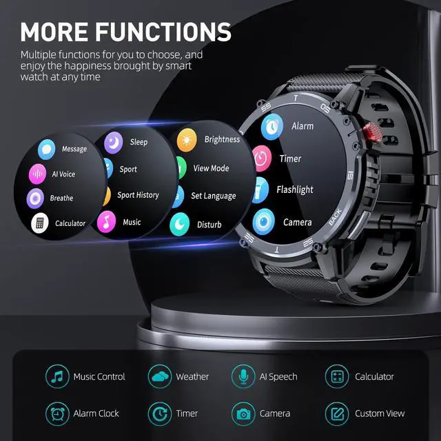 Alt view image 7 of 7 - Military Smart Watches for Men - 5ATM Waterproof Fitness Watch for Android iOS Phones,1.6" Large Screen Tactical Smartwatch, Bluetooth Call(Answer/Dial Calls/BT5.0), 24 Sports Modes (Camouflage Black)