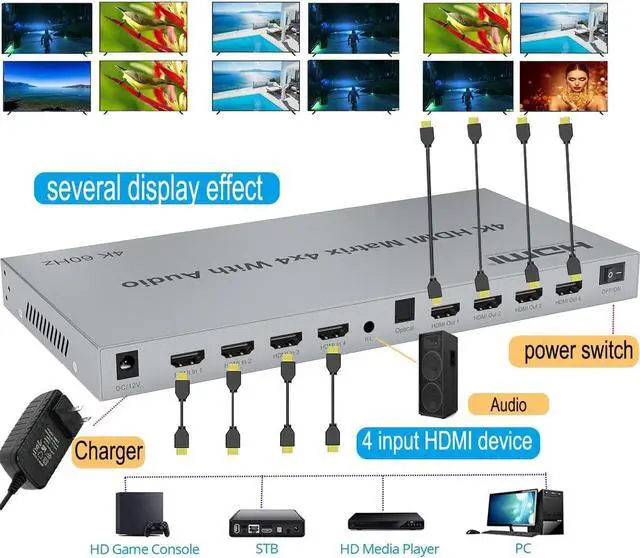 Alt view image 4 of 7 - 4K HDMI Splitter, 4 in 4 Out HDMI Matrix Switch, HDMI 2.0 Support 3840x2160@60Hz with Audio Switch, IR Remote+ Button Press + RS232 Control, Support EDID Audio Extractor, 3D, HDR, 18 GBPS, HDCP 2.2