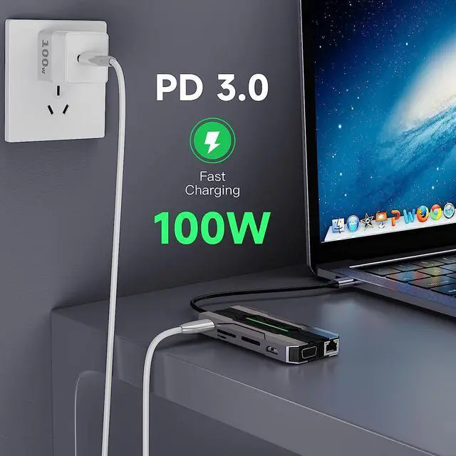 Alt view image 4 of 7 - USB C Hub Laptop Type-C Docking Station, 13 in 1 USB C Hub Multiport Adapter Dongle with 4K HDMI, VGA, 100W PD Charging, Ethernet, SD/TF, 2*USB 3.0&USB 2.0, 1*USB C, Mic/Audio for Laptop Mac-book