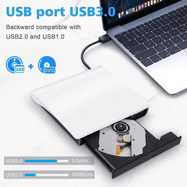 Alt view image 2 of 7 - Laptop External CD/DVD Drive, USB 3.0 External CD DVD Burner, Portable CD/DVD Optical Drive Player Reader Writer, Compatible with Desktops,Notebooks, Macs, and All-in-one Computers (White)