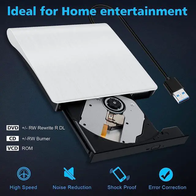 Alt view image 3 of 7 - Laptop External CD/DVD Drive, USB 3.0 External CD DVD Burner, Portable CD/DVD Optical Drive Player Reader Writer, Compatible with Desktops,Notebooks, Macs, and All-in-one Computers (White)