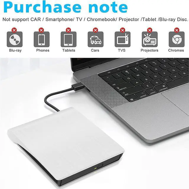 Alt view image 5 of 7 - Laptop External CD/DVD Drive, USB 3.0 External CD DVD Burner, Portable CD/DVD Optical Drive Player Reader Writer, Compatible with Desktops,Notebooks, Macs, and All-in-one Computers (White)