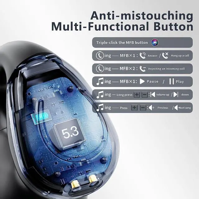 Alt view image 3 of 7 - Open Ear Clip Headphones, True Wireless Earbuds Bluetooth 5.3, Sports Earbuds Built-in Microphone with Earhooks & Ear Hook, Wireless Charging Case & Display, Waterproof Fitness Earbuds for Running
