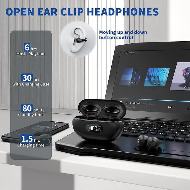 Alt view image 2 of 7 - Open Ear Clip Headphones, True Wireless Earbuds Bluetooth 5.3, Sports Earbuds Built-in Microphone with Earhooks & Ear Hook, Wireless Charging Case & Display, Waterproof Fitness Earbuds for Running