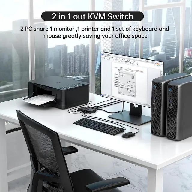 Alt view image 2 of 6 - 2 Port HDMI KVM Switcher 2 in 1 Out, USB HDMI Switch 4K @60Hz for 2 Computers Share Keyboard Mouse Printer and HD Monitor, 2 USB Cable, 2 HD-MI Cable and Desptop controller Included
