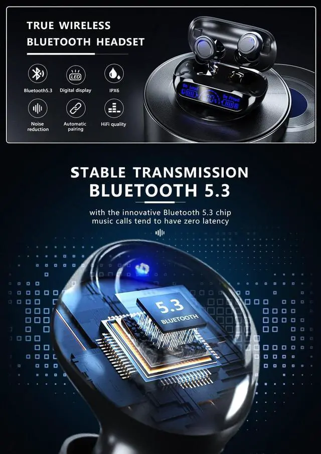 Alt view image 2 of 7 - True Wireless Earbuds Bluetooth 5.3 Headphones,160hrs Playback Button Control IP6 Waterproof Earphones In-Ear Power Display TWS EarBuds with Mic and 1800mAh Charging Case Stereo Bass for Workout Sport