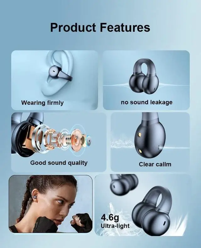Alt view image 6 of 7 - Ear-Clip Bone Conduction Headphones Bluetooth 5.3 Painless Wireless Open Ear Clip on Headphone Waterproof Running Earring Earphone Air Conduction Earphones Open Earbuds Wireless Earbuds with Ear Clip