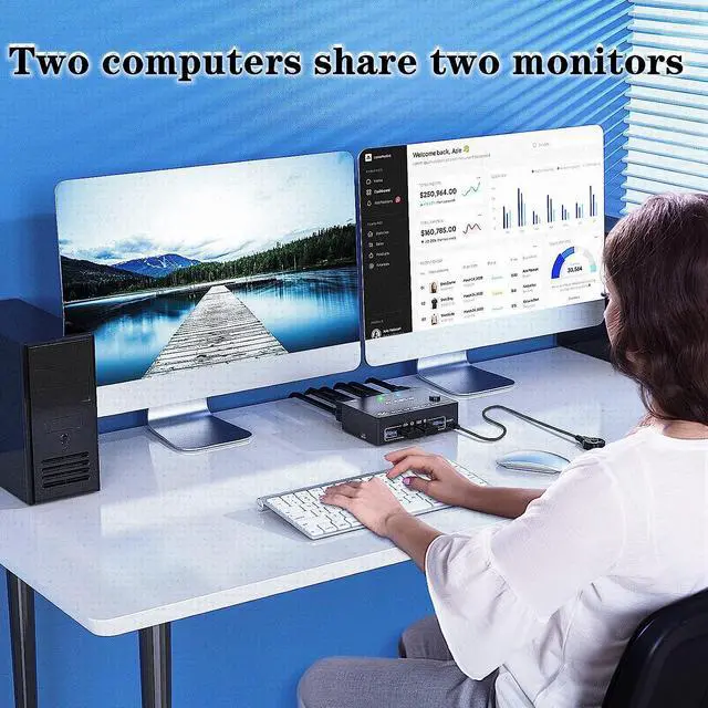Alt view image 2 of 7 - Dual Monitor Displayport KVM Switch for 2 Computers 2 Monitors 8K@30Hz 4K@144Hz, Display Port DP1.4 USB 3.0 KVM Switches 2 in 2 Out with 4 USB 3.0 Ports , Wired Remote and 4 Cables Included