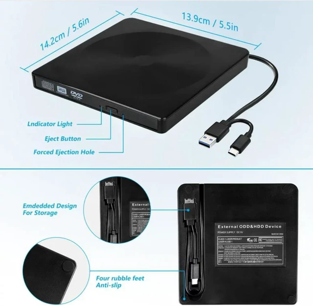 Alt view image 7 of 7 - External CD DVD Drive, USB 3.0 & Type-C Portable CD/DVD +/-RW Optical Drive, Slim DVD/CD ROM External CD/DVD Burner Rewriter for Laptop Desktop PC Compatible for Windows 10/8/7/XP Linux MacOS