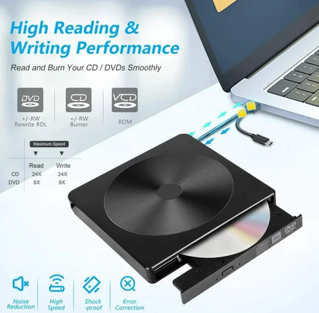 Alt view image 5 of 7 - External CD DVD Drive, USB 3.0 & Type-C Portable CD/DVD +/-RW Optical Drive, Slim DVD/CD ROM External CD/DVD Burner Rewriter for Laptop Desktop PC Compatible for Windows 10/8/7/XP Linux MacOS