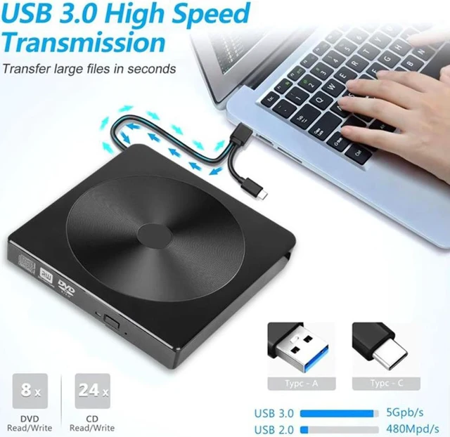 Alt view image 6 of 7 - External CD DVD Drive, USB 3.0 & Type-C Portable CD/DVD +/-RW Optical Drive, Slim DVD/CD ROM External CD/DVD Burner Rewriter for Laptop Desktop PC Compatible for Windows 10/8/7/XP Linux MacOS
