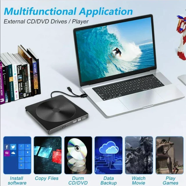 Alt view image 2 of 7 - External CD DVD Drive, USB 3.0 & Type-C Portable CD/DVD +/-RW Optical Drive, Slim DVD/CD ROM External CD/DVD Burner Rewriter for Laptop Desktop PC Compatible for Windows 10/8/7/XP Linux MacOS