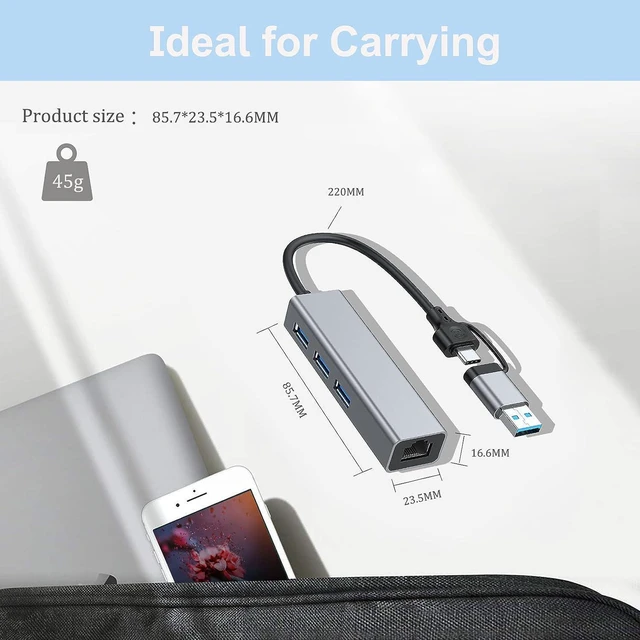 Alt view image 6 of 7 - USB 3.0 & USB C Ethernet Adapter, 3 Port USB 3.0 Hub with RJ45 1000Mbps Ethernet Converter, Upgrade Aluminum Shell USB 3.0 Hub with Gigabit Ethernet Port for PC Laptop with Windows Mac OS