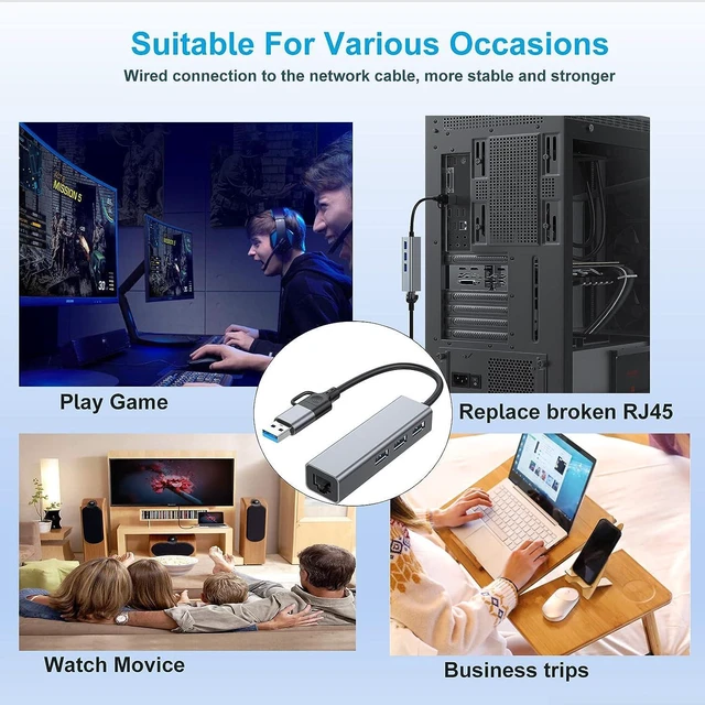 Alt view image 7 of 7 - USB 3.0 & USB C Ethernet Adapter, 3 Port USB 3.0 Hub with RJ45 1000Mbps Ethernet Converter, Upgrade Aluminum Shell USB 3.0 Hub with Gigabit Ethernet Port for PC Laptop with Windows Mac OS