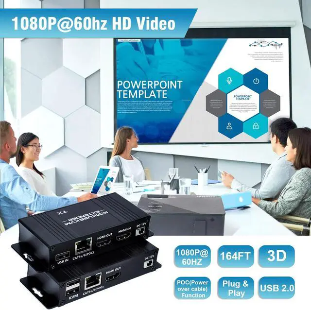 Alt view image 3 of 7 - HDMI KVM USB Extender Over Cat5e/6/7-164FT HDMI to RJ45 1080P@60hz HDMI Over Ethernet KVM Extender Transmitter Receiver Support Keyboard Mouse USB Control No Latency Single Power Supply POC Function