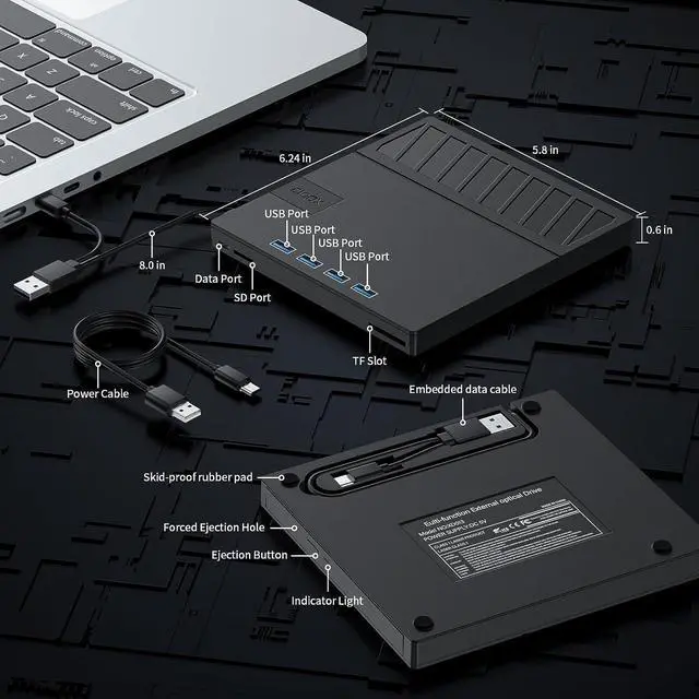 Alt view image 4 of 7 - External CD/DVD Drive for Laptop, 7 in 1 USB Ultra-Slim Portable CD/DVD Player Burner, with 4 USB Ports, SD/TF Card Reader CD ROM Compatible with External DVD Player for Windows 11/10/8/7 Linux MacOS