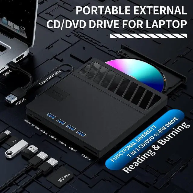 Alt view image 2 of 7 - External CD/DVD Drive for Laptop, 7 in 1 USB Ultra-Slim Portable CD/DVD Player Burner, with 4 USB Ports, SD/TF Card Reader CD ROM Compatible with External DVD Player for Windows 11/10/8/7 Linux MacOS