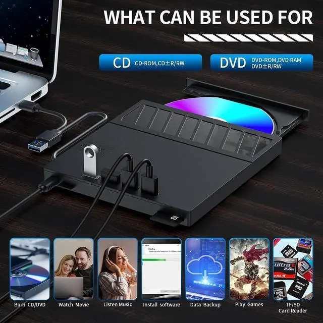 Alt view image 3 of 7 - External CD/DVD Drive for Laptop, 7 in 1 USB Ultra-Slim Portable CD/DVD Player Burner, with 4 USB Ports, SD/TF Card Reader CD ROM Compatible with External DVD Player for Windows 11/10/8/7 Linux MacOS