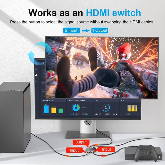 Alt view image 3 of 7 - 2 Port 8K HDMI 2.1 Switch, Aluminum HDMI Switcher 2 in 1 Out Support 8K @60Hz/4K @120Hz, Bi-Directional HDMI Switch Splitter 1 in 2 Out Compatible for PS3/4/5 Xbox Fire Stick Roku Blu-Ray Player