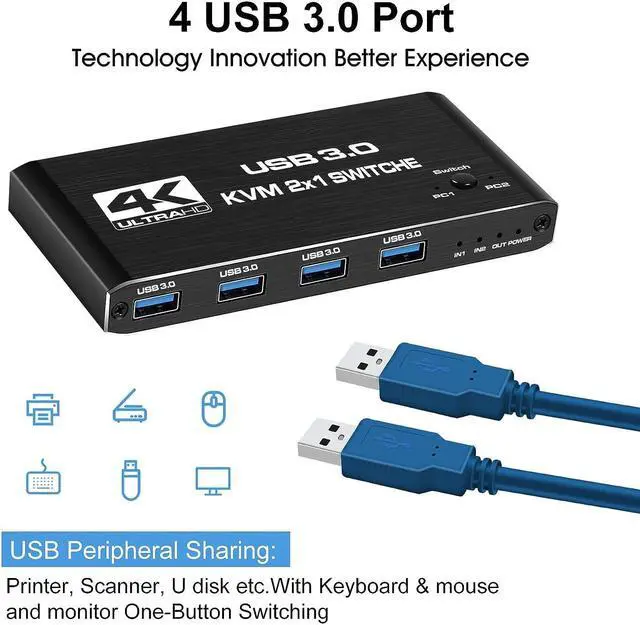 Alt view image 5 of 7 - 2 Port HDMI KVM Switch 2 in 1 Out, 4K @60Hz HDMI2.0 KVM Switch, HDMI USB 3.0 KVM Switch with 4 USB 3.0 Ports for 2 Computers Share One Monitor, Supporting Wireless Keyboard and Mouse,Plug and Play