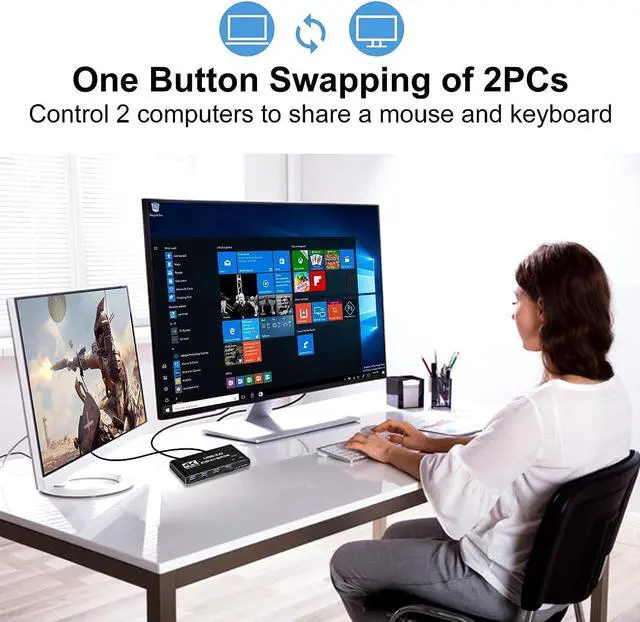 Alt view image 6 of 7 - 2 Port HDMI KVM Switch 2 in 1 Out, 4K @60Hz HDMI2.0 KVM Switch, HDMI USB 3.0 KVM Switch with 4 USB 3.0 Ports for 2 Computers Share One Monitor, Supporting Wireless Keyboard and Mouse,Plug and Play