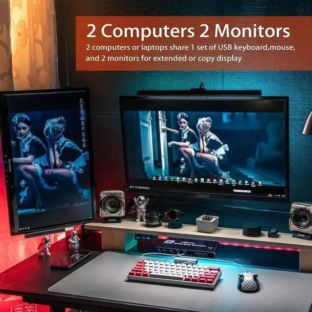 Alt view image 2 of 7 - Dual Monitor HDMI KVM Switch 2 PCs 2 Monitors, 4K @60Hz HDMI KVM Switch 2 Port Extended Display, HDMI KVM Switch 2 in 2 Out with 3.5mm Audio, Support 4 USB 3.0 Share Keyboard Mouse Printer with Hotkey