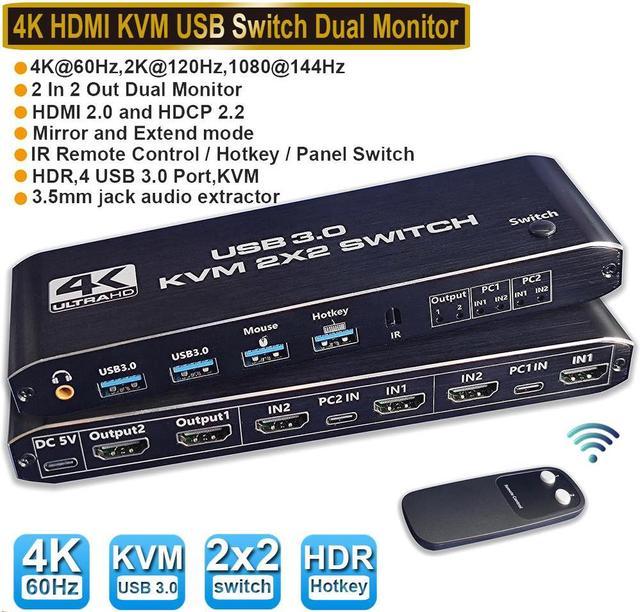HDMI KVM Switch Dual Monitor 2 Port,KVM Switch 2 Monitors 2 Computers  4K@60Hz,4 USB 2.0,Dual Monitor KVM Switch with HDMI2.0,HDCP2.2, KVM Switch  with