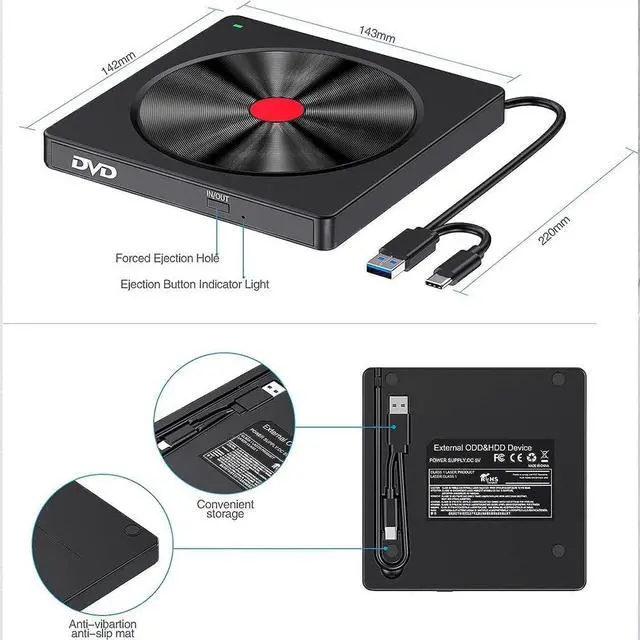 Alt view image 7 of 7 - External CD Drive, DVD Drive CD/DVD +/-RW ROM Burner, USB 3.0 Type C CD Reader Rewriter, Portable Slim DVD Player for Laptop Ma-c-book Pro Air PC i-M-ac Windows XP/Vista/7/8/10/11, MacOS